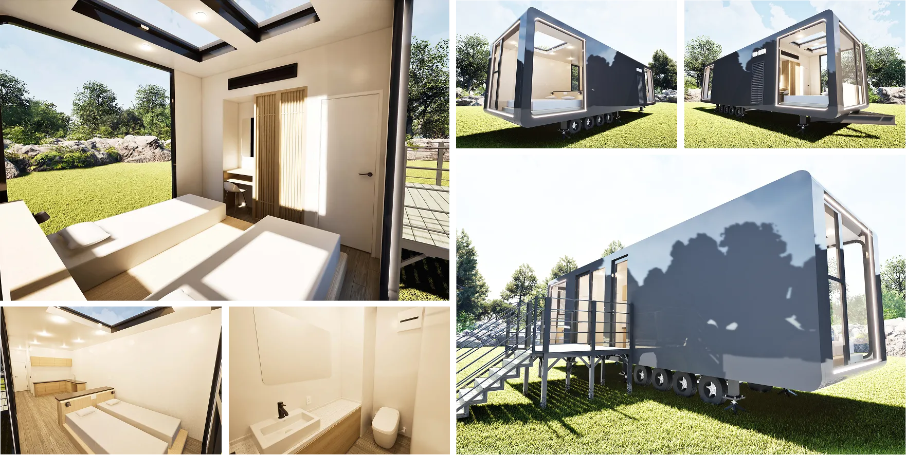 宇宙をテーマにした「DIMENSIONシリーズ」トレーラーハウスの「モデルE（アース）」タイプのイメージコラージュ。光と曲線が調和した革新的な外観と、機能性とデザイン性を両立させた美しいインテリアを複数カットで紹介。