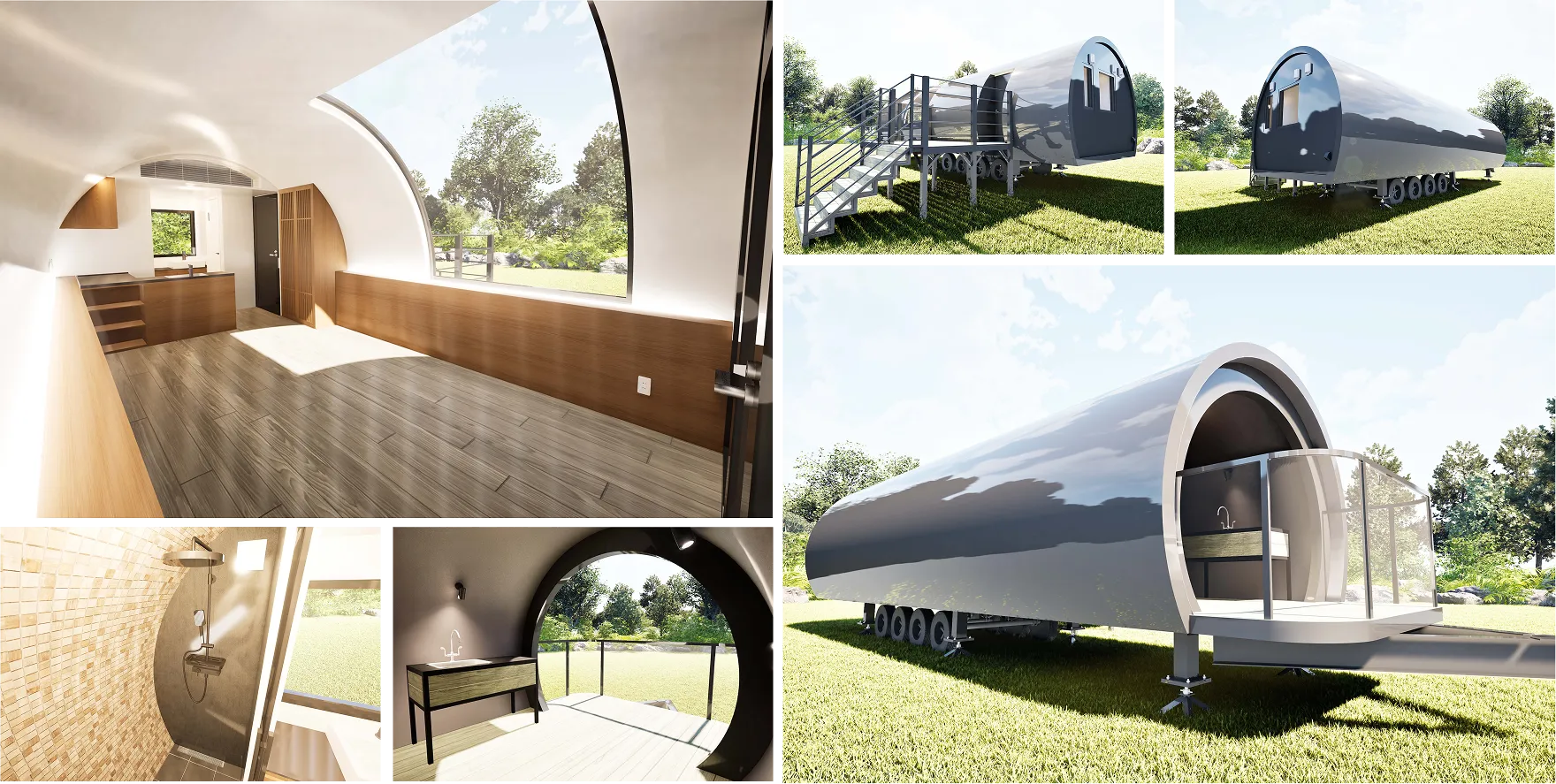 宇宙をテーマにした「DIMENSIONシリーズ」トレーラーハウスの「モデルG（ギャラクシー）」タイプのイメージコラージュ。光と曲線が調和した革新的な外観と、機能性とデザイン性を両立させた美しいインテリアを複数カットで紹介。